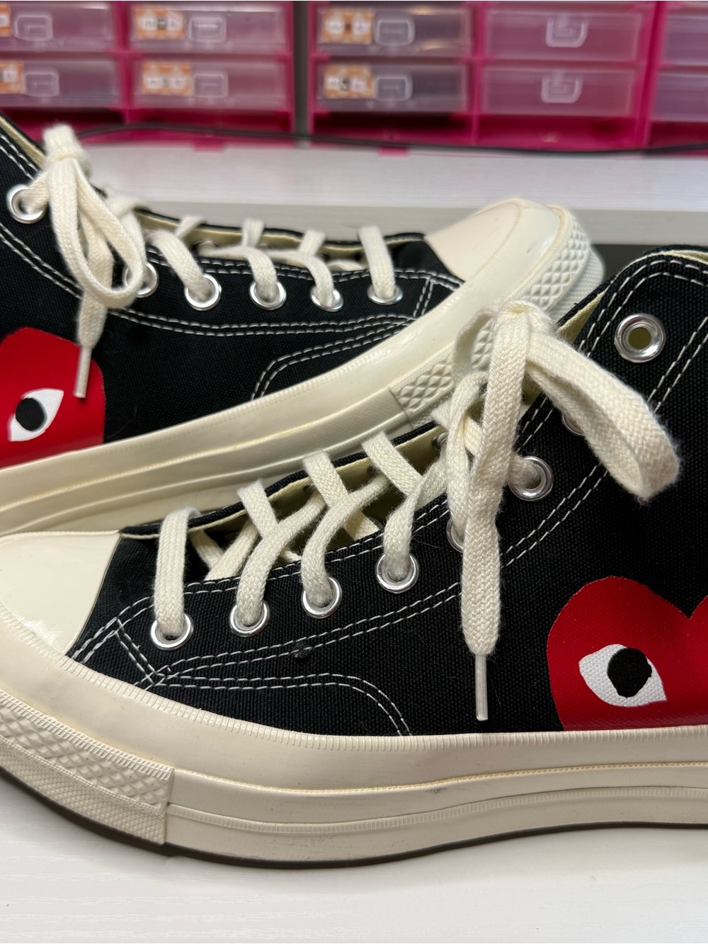 Comme des Garçon Converse PLAY Black Canvas High-Top Sneakers with Red Heart